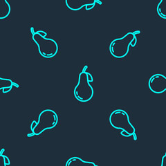 Green line Pear icon isolated seamless pattern on blue background. Fruit with leaf symbol. Vector