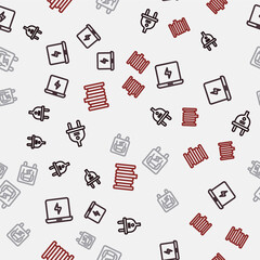 Set line Electric plug, Laptop, Electrical panel and Wire electric cable on reel on seamless pattern. Vector