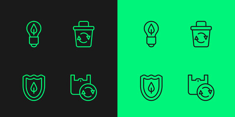 Set line Shopping bag with recycle, Shield leaf, Light bulb and Recycle bin icon. Vector