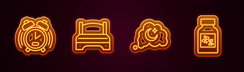 Obraz premium Set line Alarm clock, Big bed, Dreams and Sleeping pill. Glowing neon icon. Vector