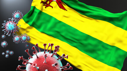 Hindeloopen and covid pandemic - virus attacking a city flag of Hindeloopen as a symbol of a fight and struggle with the virus pandemic in this city, 3d illustration