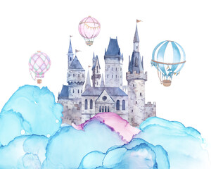 Festive artwork. Watercolor fantasy castle with hot air balloons. Sky kingdom with ink clouds. Fairytale illustration © ldinka