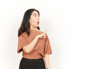 Obraz premium Showing Product and Pointing Side Of Beautiful Asian Woman Isolated On White Background