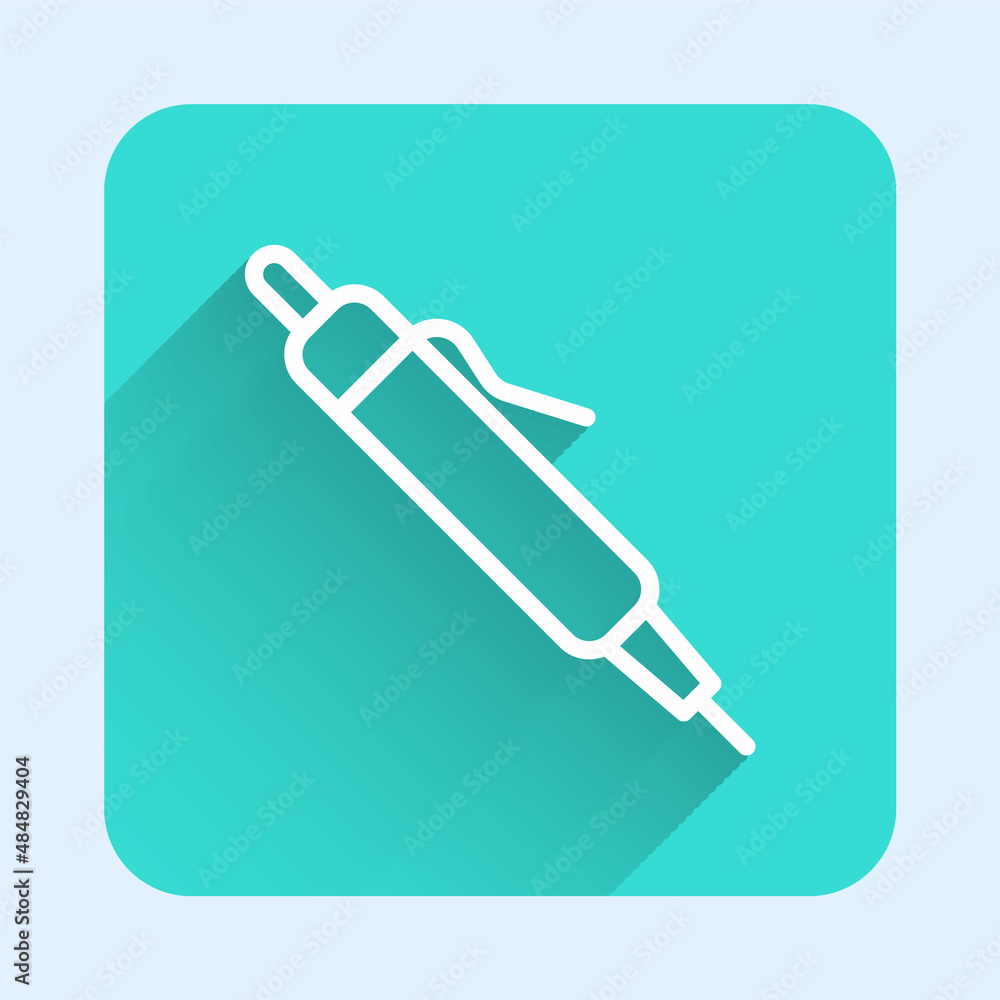 Poster white line pen icon isolated with long shadow. green square button. vector