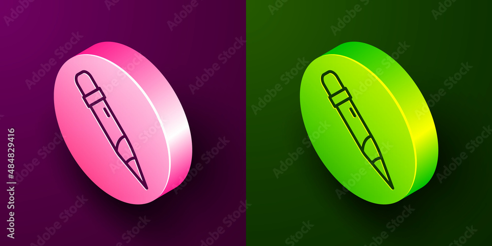 Poster Isometric line Pencil with eraser icon isolated on purple and green background. Drawing and educational tools. School office symbol. Circle button. Vector