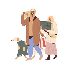 Couple and dog walking and carrying gift boxes for winter holidays. Happy man and woman going, holding Christmas presents and shopping bag. Flat vector illustration isolated on white background