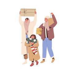 Happy family with kid walk with gifts after winter shopping. Mother, father and child going, carrying present boxed, bags for Christmas holiday. Flat vector illustration isolated on white background