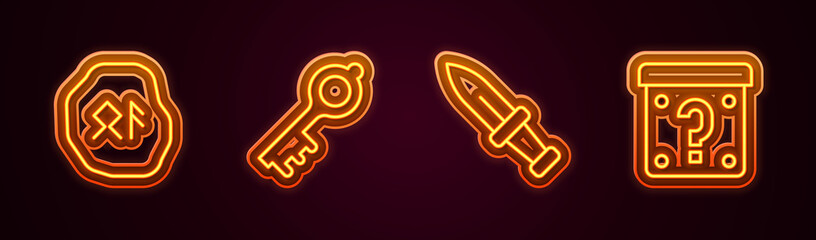 Set line Magic runes, Old magic key, Dagger and Mystery box. Glowing neon icon. Vector