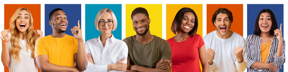 Different bright real emotions of millennial international males and females, gestures and signs...