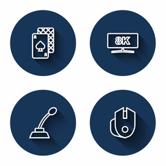Set line Playing cards, Computer monitor, Microphone and mouse with long shadow. Blue circle button. Vector