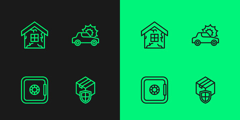 Set line Delivery security with shield, Safe, House and Car insurance icon. Vector