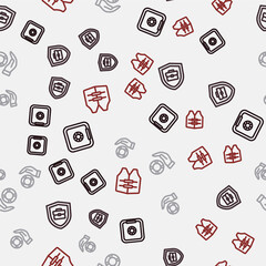 Set line Safe, Briefcase with shield, Lifebuoy in hand and jacket on seamless pattern. Vector
