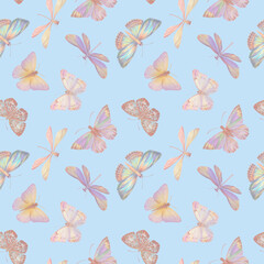 Digitally processed seamless botanical pattern. Raster texture of animalistic design. Delicate watercolor butterflies collected in a seamless pattern for design.