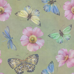 Seamless pattern with butterflies and flowers. watercolor and digital illustration. seamless botanical background. Template design for, textile, wallpaper, wrapping paper, packaging, print.