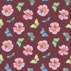 Delicate flowers and butterflies are painted with watercolors, digitally processed. Seamless ornament for wallpaper, print, wrapping paper, design, print. Botanical pattern on abstract background 