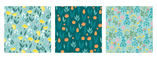 Collection of seamless floral patterns. Vector graphics.