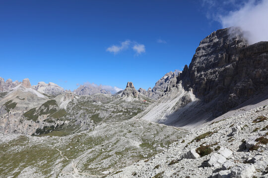 View to the famous three Peaks Hut. Dolomites. South Tyrol. Italy

