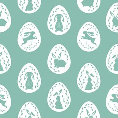 Happy Easter seamless pattern with cute bunnies inside eggs in green color. Rabbit character silhouette with decorative into eggs. Animal wildlife holidays cartoon. Vector background.