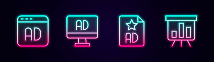Set line Advertising, and Board with graph chart. Glowing neon icon. Vector