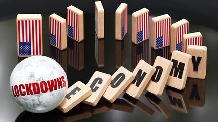 USA and lockdowns, economy and domino effect - chain reaction in USA economy set off by lockdowns causing an inevitable crash and collapse - falling economy blocks and USA flag, 3d illustration - obrazy, fototapety, plakaty