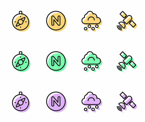 Set line Hail cloud, Compass, north and Satellite icon. Vector