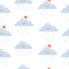 Seamless vector weather pattern with clouds and snow with funny,cute faces.Childish colored vector illustration in flat cartoon style for fabric, textile,packaging and print.