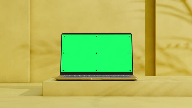 Mockup Shot of Laptop Computer with Green Screen in Bright, Cozy, Sunlit Environment with Rose Color Plaster Walls. 3D Animation. Screen has Tracking Markers