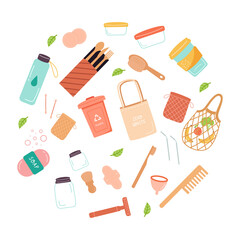 Modern Zero Waste concept illustration with eco friendly and reusable elements and lettering. Sustainable lifestyle, ecological concept. Colored vector illustration in cartoon flat style.