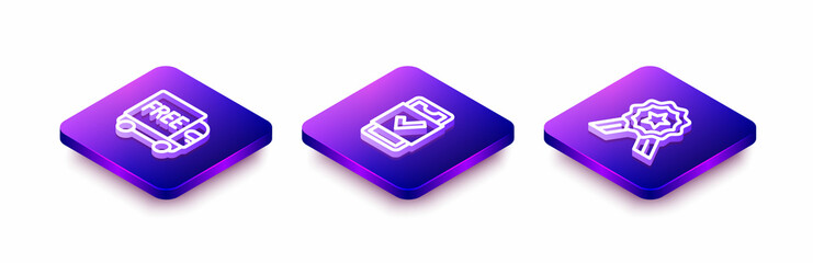 Set Isometric line Free delivery service, Mobile shopping and Stars rating icon. Vector