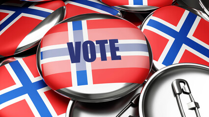 Vote in Bouvet Island - national flag of Bouvet Island on dozens of pinback buttons symbolizing upcoming Vote in this country. , 3d illustration