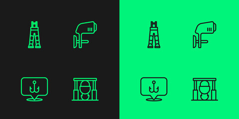 Set line Campfire and pot, Fishing hook, Fisherman pants and Outboard boat motor icon. Vector