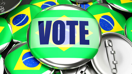 Brazil and Vote - dozens of pinback buttons with a flag of Brazil and a word Vote. 3d render symbolizing upcoming Vote in this country., 3d illustration