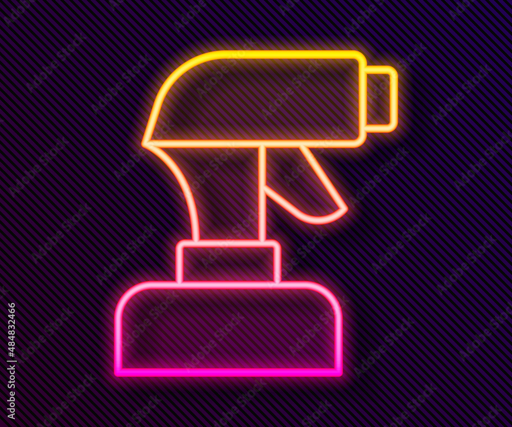 Poster Glowing neon line Paint spray gun icon isolated on black background. Vector