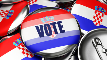 Vote in Croatia - national flag of Croatia on dozens of pinback buttons symbolizing upcoming Vote in this country. , 3d illustration
