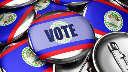 Vote in Belize - national flag of Belize on dozens of pinback buttons symbolizing upcoming Vote in this country. , 3d illustration