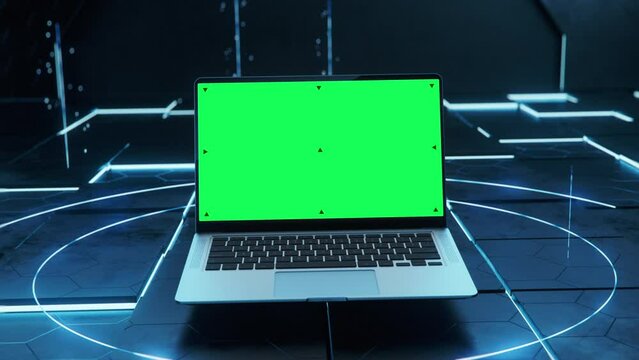 Mockup Shot of a Laptop Computer with Green Screen in Absract Futuristic Technological Environment