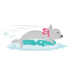 Cute smiling baby fur seal with red bow around its neck slides on soap. Soap foam and bubbles fly in all directions. Concept of personal hygiene and health for kids. Flat design vector illustration