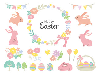 easter illustration with bunnies and easter eggs