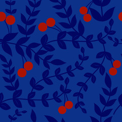 Fototapeta na wymiar Vector seamless pattern with plant elements on a dark blue background. Ornament from leaves, branches, lianas and berries. Delicate composition in blue and red colors. Burgundy berries on a branch.