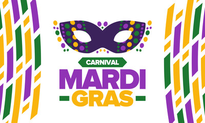 Mardi Gras Carnival in New Orleans. Fat Tuesday. Traditional folk festival with parade and celebration. Annual holiday. Costume masquerade, fun party. Carnival mask. Poster, card, banner. Vector