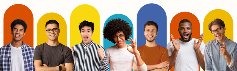 Set of diverse real emotions of millennial international men on colorful background