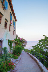 Fototapeta na wymiar walkway at mountain village Moscenice, view to adriatic ocean