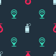 Set Protest, Hand grenade and Location peace on seamless pattern. Vector