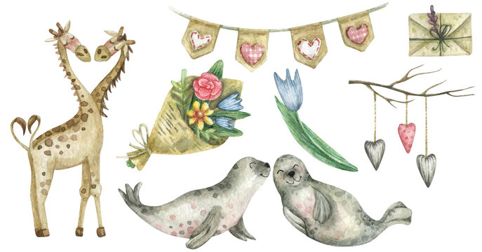 Watercolor illustration with cute animals in love and valentine's day themed decor.