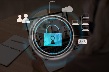 Digital cybersecurity and network protection concept. Virtual locking mechanism to access shared resources. Interactive virtual control screen with padlock. laptop on background
