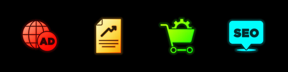 Set Advertising, Document with graph chart, Shopping cart and SEO optimization icon. Vector
