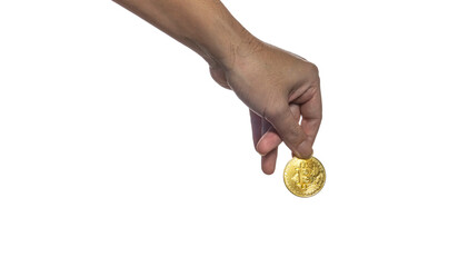 A BTC coin is held at the fingertips of a man's hand. white background, isolated