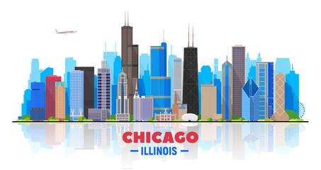 Fototapeta na wymiar Chicago skyline on a white background. Flat vector illustration. Business travel and tourism concept with modern buildings. Image for banner or website. 