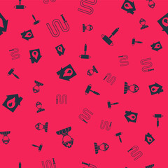 Set Firefighter, hose reel, in burning house and axe on seamless pattern. Vector