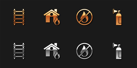 Set Fire escape, in burning house, No fire and extinguisher icon. Vector